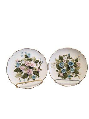 Lefton Rose Floral Handpainted Raised 3D Plate #699 Vintage Set Of 2 Japan